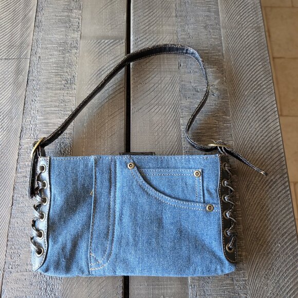 Vintage Denim and Leather Y2K Mini Shoulder Bag Purse Pockets Ties - Picture 2 of 7